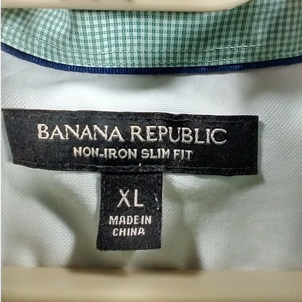 Banana Republic Mens XL Non-Iron Slim‎ Fit Green Micro Check Button Down Shirt